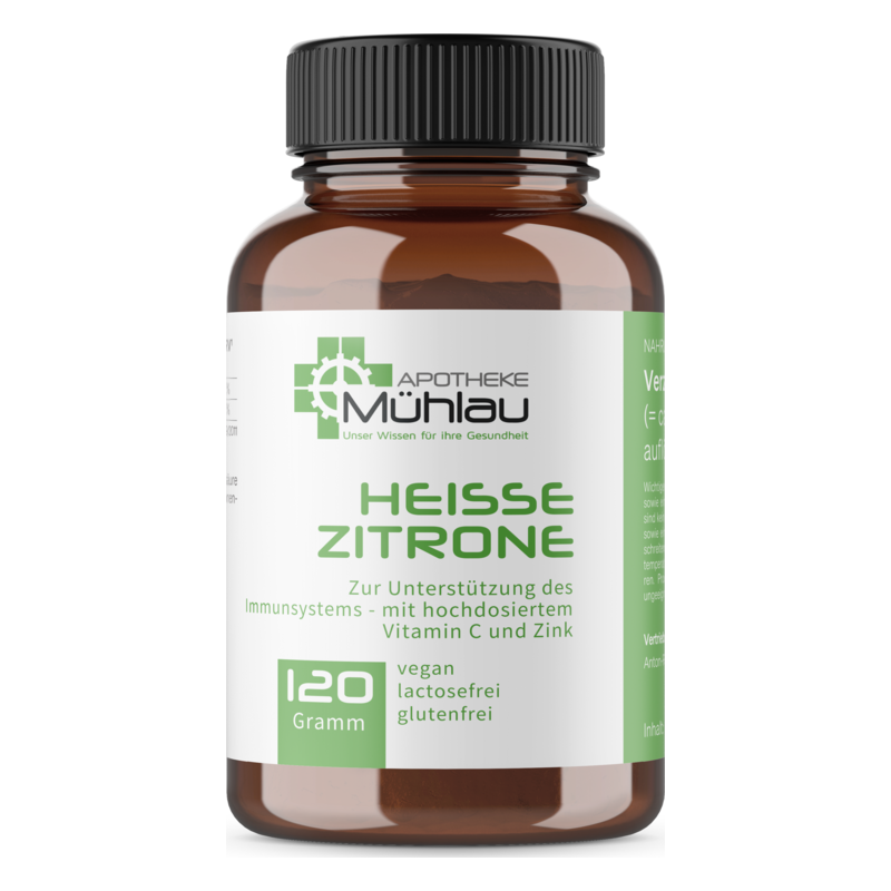 Braunes Glasgefäß mit schwarzem Deckel, beschriftet mit "Heisse Zitrone" zur Immununterstützung, enthält 120 Gramm.
