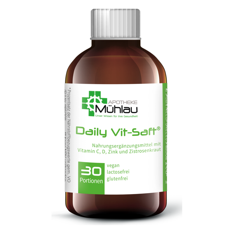 Braune Flasche mit Rundverschluss, enthält Nahrungsergänzungsmittel mit Vitaminen und Zistrose, vegan und glutenfrei.