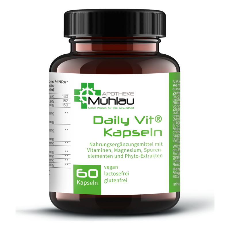 Daily_Vit_Kapseln_Mock-up.png Braune Flasche mit schwarzem Verschluss, enthält Daily Vit® Kapseln, angereichert mit Vitaminen und Mineralstoffen.