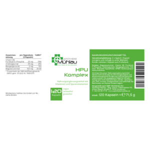 Verpackung des Nahrungsergänzungsmittels HPU Komplex mit Vitaminen und Spurenelementen, 120 Kapseln, vegan und glutenfrei.