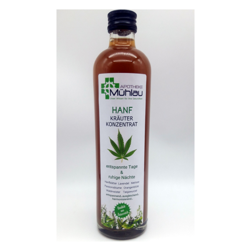 Glasflasche mit Hanf-Kräuterkonzentrat, braune Flüssigkeit, Etikett mit entspannenden Kräutern und Anwendungsbeschreibung.