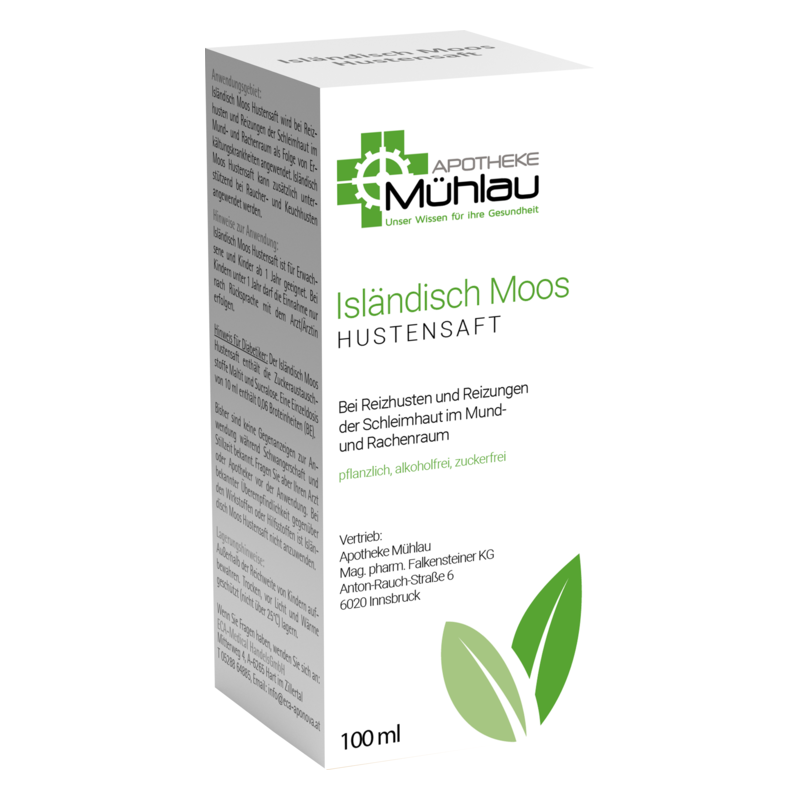 Packung mit Hustenmittel Isländisch Moos, pflanzlich, alkoholfrei, zuckerfrei, enthält 100 ml.