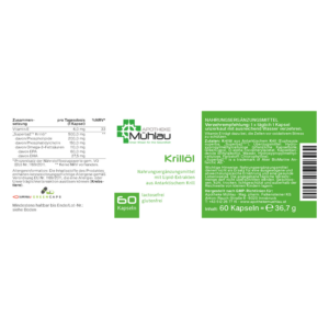 Verpackung für Krillöl-Kapseln, 60 Stück, mit Nährstoffangaben und Verwendungshinweisen, laktose- und glutenfrei.