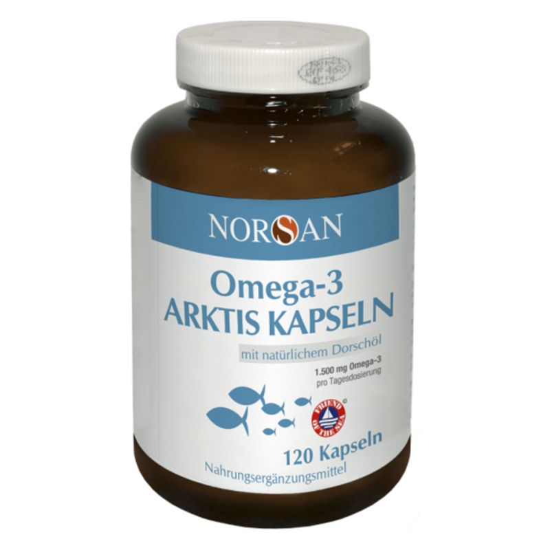 Braunflasche mit weißen Verschluss, enthält Omega-3 Kapseln mit Dorschöl, beschriftet mit NORSAN.
