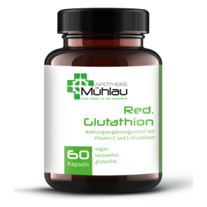 Braune Flasche mit schwarzem Deckel, enthält 60 vegane Kapseln mit Glutathion und Vitamin C, etikettiert von 'Apotheke Mühlau'.