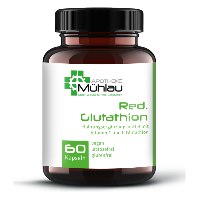 Braune Flasche mit schwarzem Deckel, enthält 60 vegane Kapseln mit Glutathion und Vitamin C, etikettiert von 'Apotheke Mühlau'.