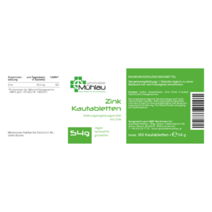 Verpackung von Zink Kautabletten, enthält 180 Stück, vegan, lactosefrei und glutenfrei, mit Produktinformationen auf grünem Hintergrund.