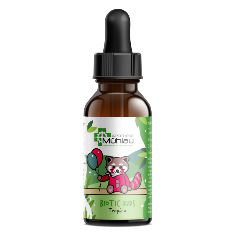 Braune Flasche mit Pipette, etikettiert mit 'Biotic Kids Tropfen' und einer niedlichen cartoonhaften Katze.