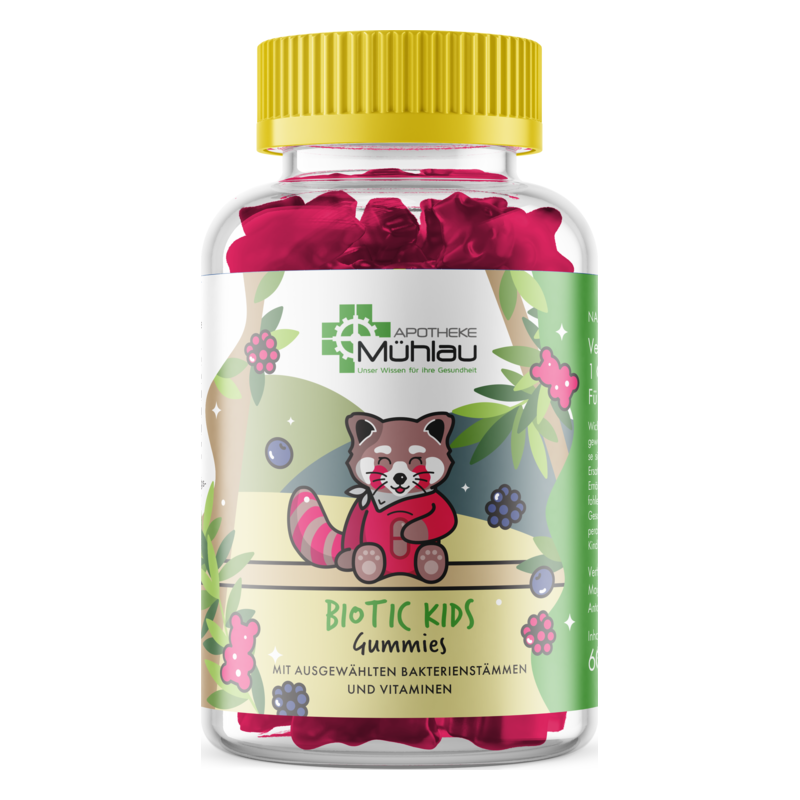 Durchsichtiger Behälter mit bunten Gummibärchen, abgedeckt mit einem gelben Schraubverschluss. Verpackung ist kinderfreundlich gestaltet.