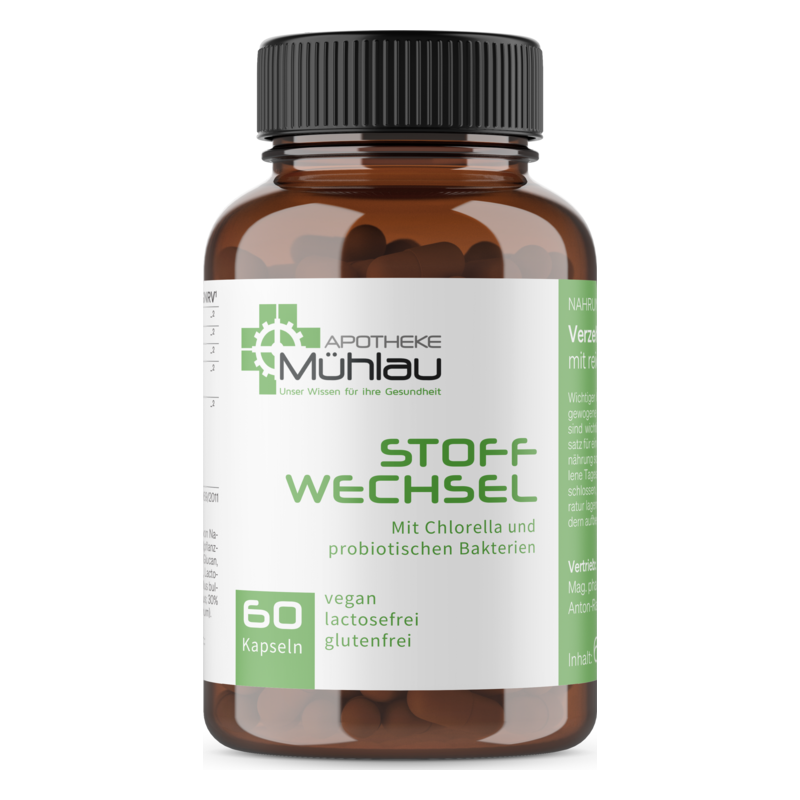 Braune Kapselbehälter mit grünem Etikett, der das Produkt "Stoffwechsel" beschreibt, enthält Chlorella und Probiotika.