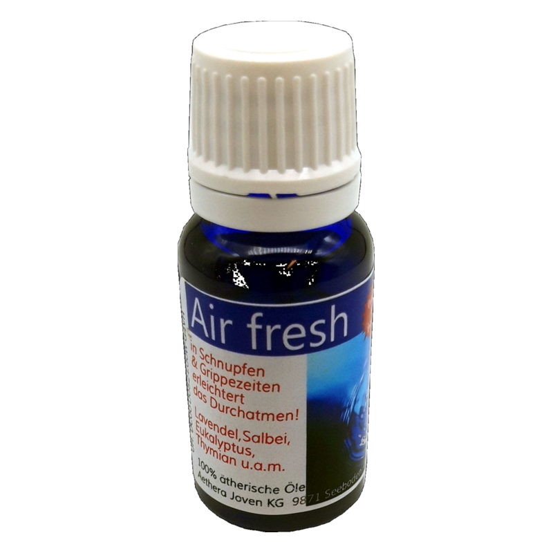 Flasche mit ätherischem Öl namens "Air fresh" in blauer Glaspulverflasche, mit weißem Verschluss und Etikett.