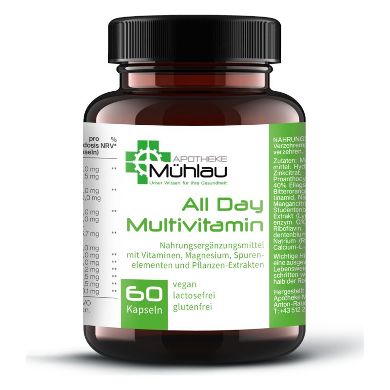 Braune Flasche mit schwarzem Deckel, enthält vegane Multivitamin-Kapseln, 60 Stück, mit Nährstoffangaben.