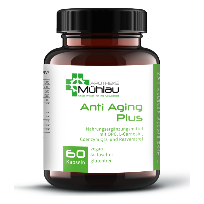 Braune Flasche mit schwarzem Deckel, enthält Nahrungsergänzungsmittel "Anti Aging Plus" und Informationen über Inhaltsstoffe.