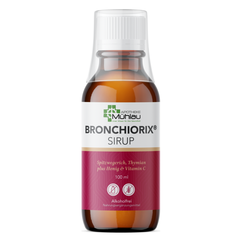 Flasche mit Bronchiorix Sirup, enthält Spitzwegerich, Thymian, Honig und Vitamin C, 100 ml, alkoholfrei.