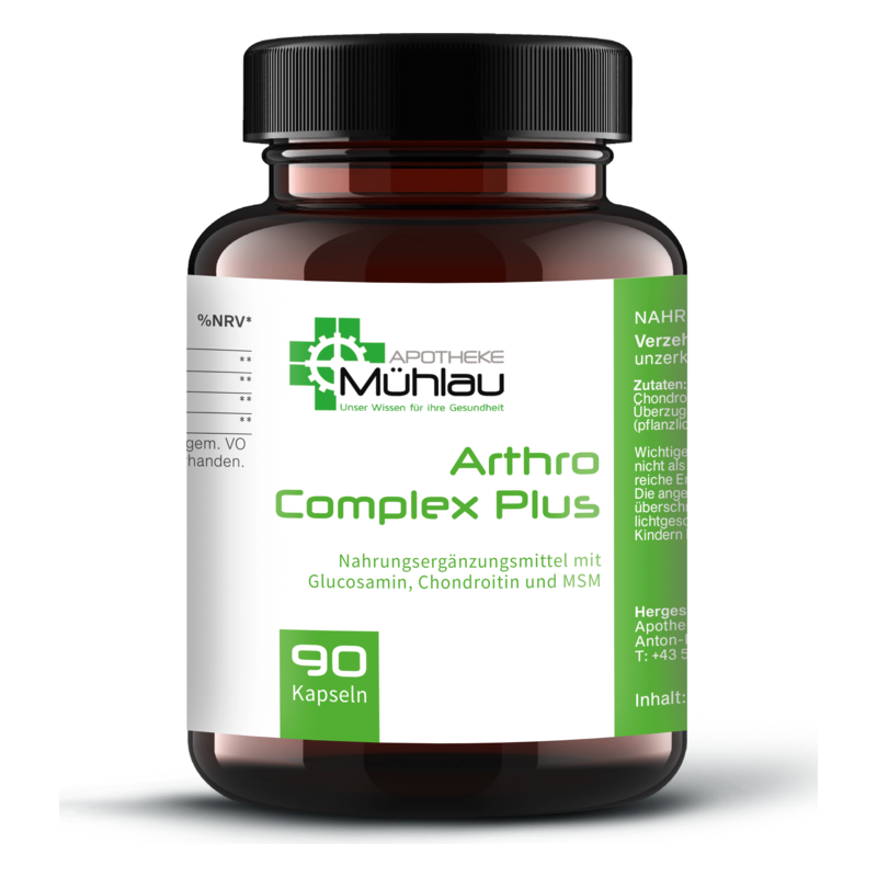 Braune Glasflasche mit schwarzem Deckel, gefüllt mit Kapseln, etikettiert mit "Arthro Complex Plus" und Inhaltsstoffen.