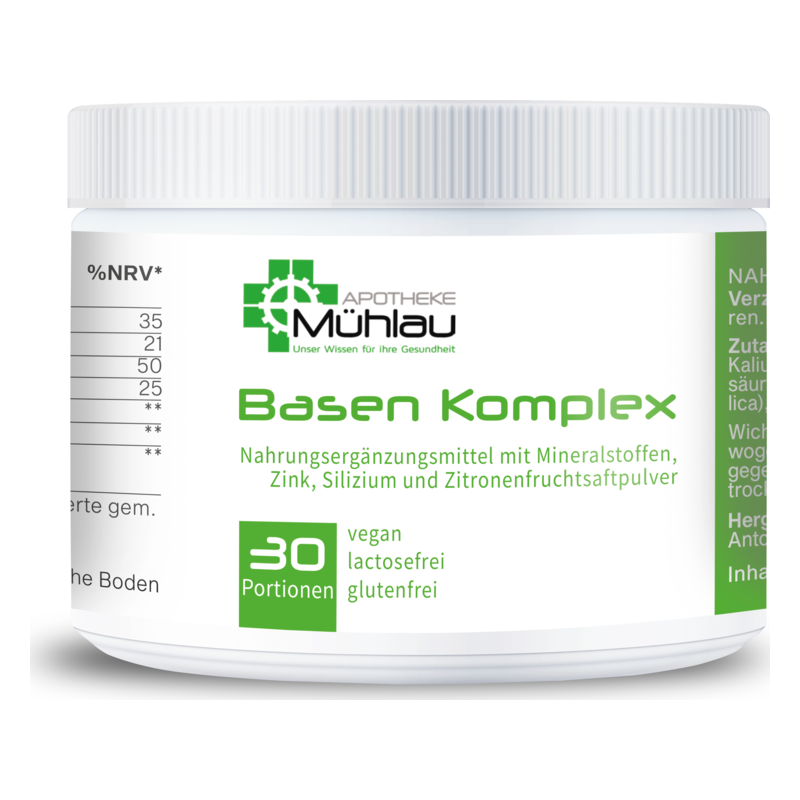 Weißer Plastiktopf mit Schraubverschluss, enthält Basen Komplex, ein Nahrungsergänzungsmittel mit Mineralstoffen, vegan und glutenfrei.