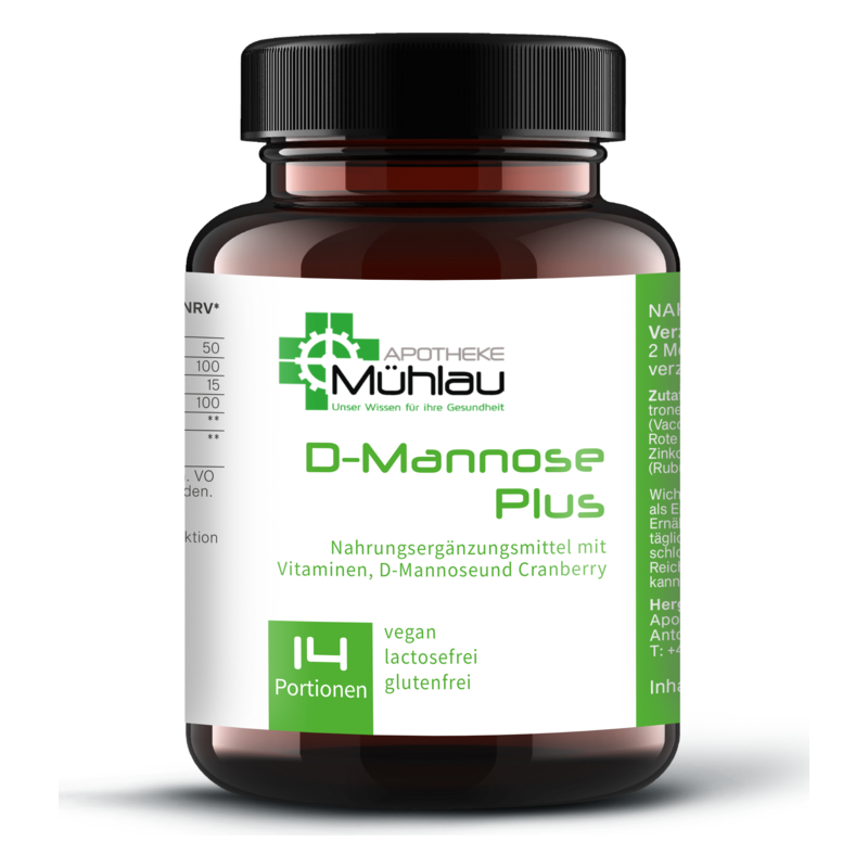 Braune Glaskapselbehälter mit schwarzem Deckel, etikettiert mit "D-Mannose Plus", vegan, glutenfrei und lactosefrei.