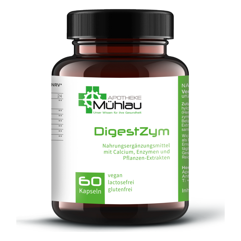 Braune Glasflasche mit schwarzen Deckel, enthält 60 Kapseln von DigestZym, Nahrungsergänzungsmittel mit Calcium und Enzymen.