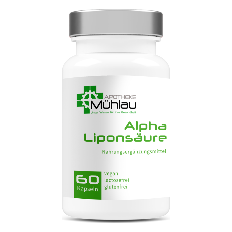 Weißes Nahrungsergänzungsmittel-Fläschchen mit grüner Aufschrift, enthält 60 Kapseln, vegan, laktosefrei, glutenfrei.