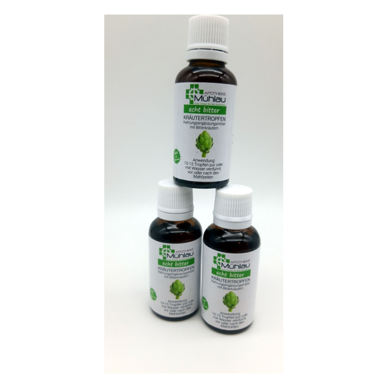 Drei Flaschen Kräutertropfen 'echt bitter' mit detaillierter Anleitung zur Anwendung auf dem Etikett.