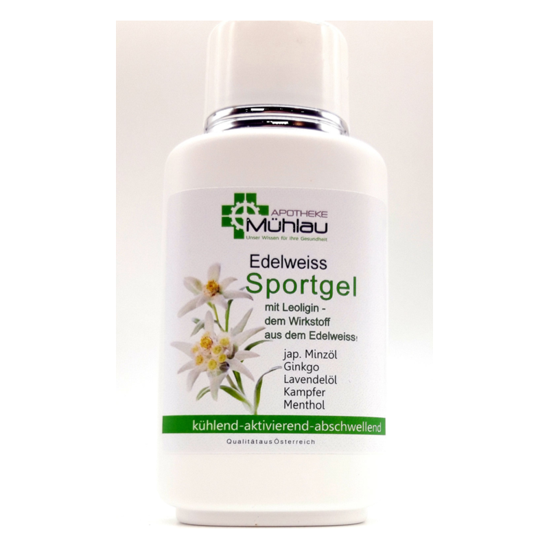 Flasche mit Edelweiss Sportgel, enthält Leoligin und verschiedene Wirkstoffe wie Minzöl und Ginkgo.