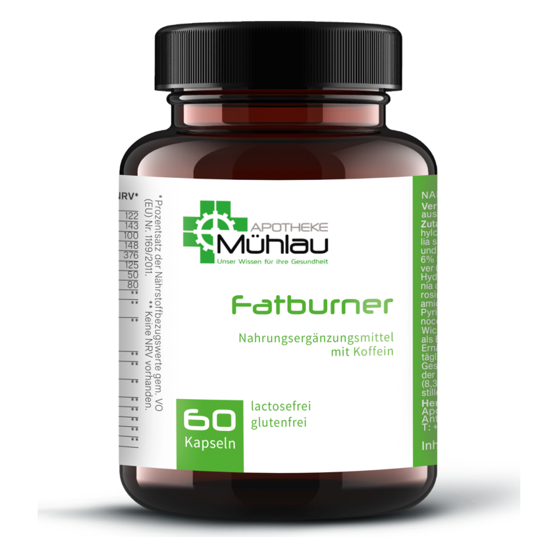 Brauner Glasbehälter mit schwarzem Deckel, enthält 60 Kapseln eines Koffein-Nahrungsergänzungsmittels für Gewichtsreduktion.