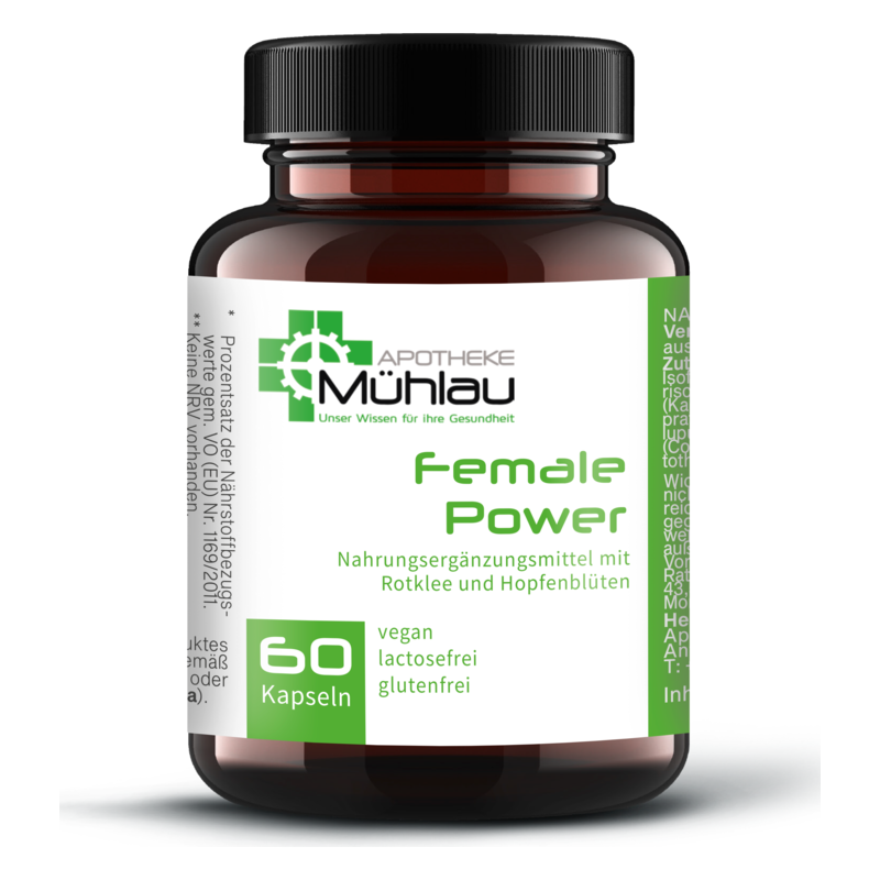 Braune Glasflasche mit schwarzem Deckel und grünem Etikett, enthält Kapseln mit Nahrungsergänzungsmittel für Frauen.