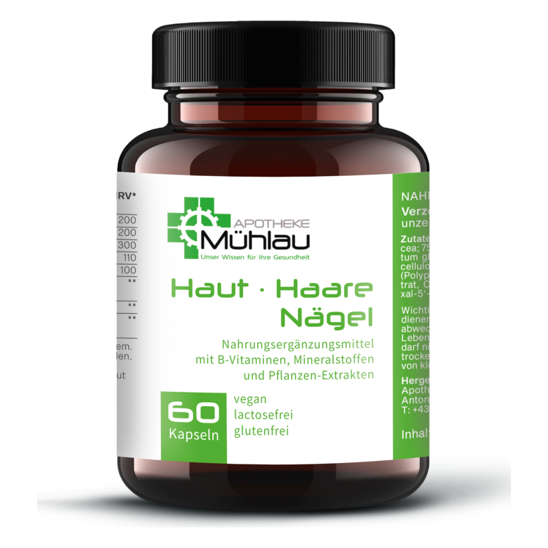 Braune Glasflasche mit schwarzem Deckel, enthält Nahrungsergänzungsmittel für Haut, Haare und Nägel, 60 Kapseln, vegan, glutenfrei.