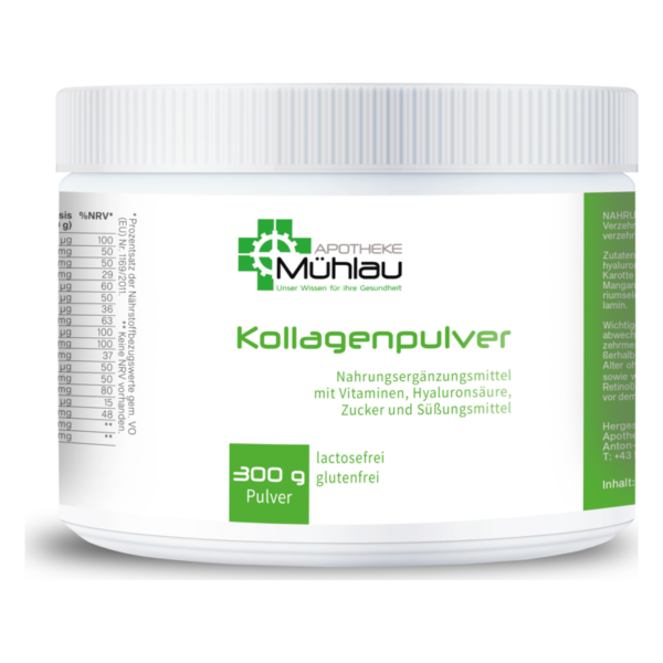 Weißes Pulver in einem runden Behälter mit grünem Label, beschreibt Kollagenpulver mit Vitaminen und Hyaluronsäure.