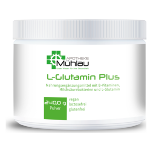 Runder, weißer Behälter mit grünem Etikett, enthält L-Glutamin Plus, ein Nahrungsergänzungsmittel mit B-Vitaminen.