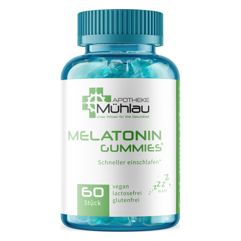 Transparente Flasche mit blauen Melatonin-Gummies zur Unterstützung des Schlafes, vegan und frei von Laktose und Gluten.