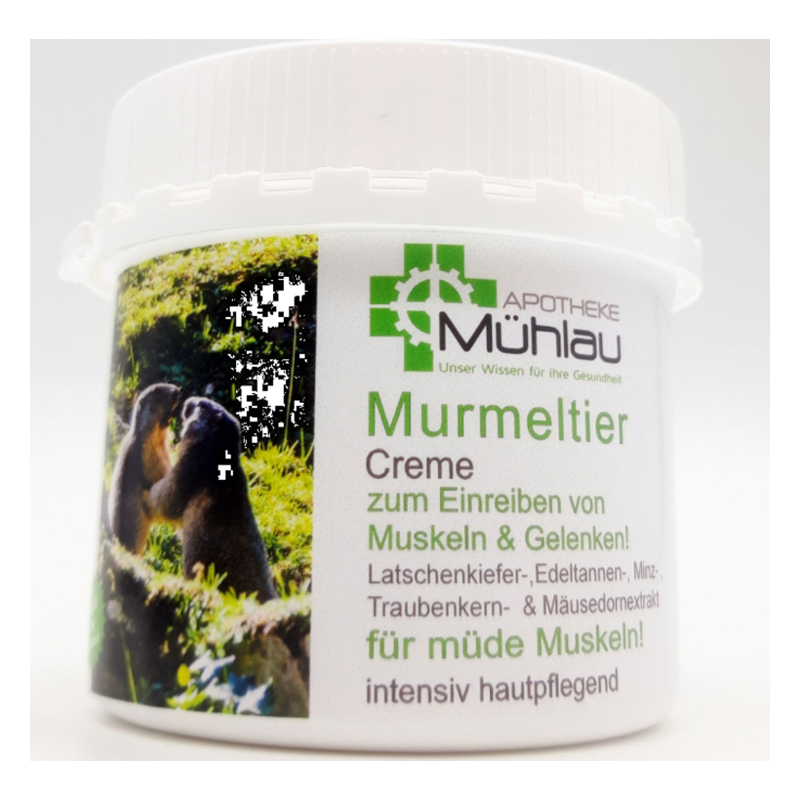 Runde Cremeverpackung mit Bildern von Murmeltieren und Beschreibung für Muskel- und Gelenkpflege.