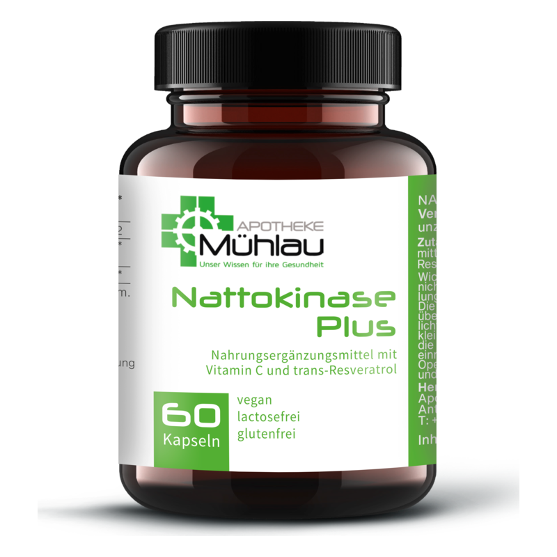 Braune Flasche mit schwarzem Deckel, enthält Nattokinase Plus Kapseln, vegan, glutenfrei und laktosefrei.