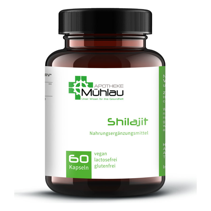 Braunes Glasgefäß mit schwarzem Deckel, Etikett informiert über Shilajit-Nahrungsergänzung, vegan und glutenfrei.