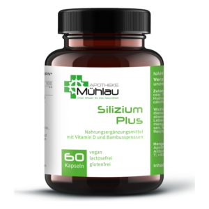 Braune Glasflasche mit schwarzem Deckel, enthält Silizium Plus Kapseln, vegan und glutenfrei, 60 Stück.