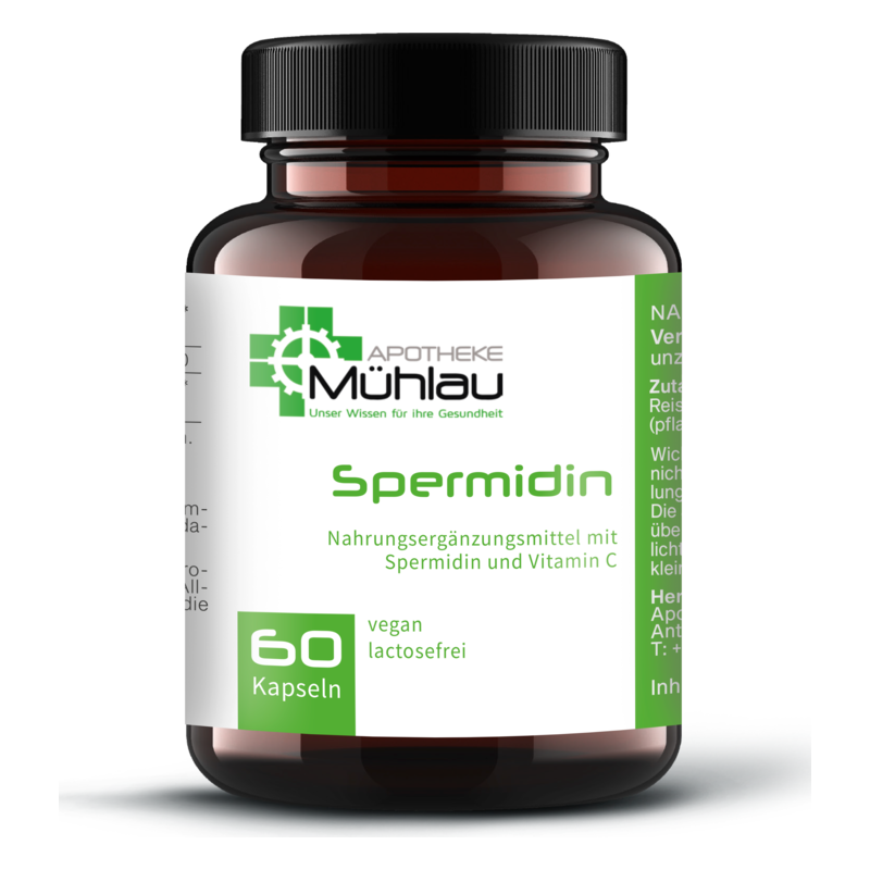 Braune Flasche mit schwarzem Deckel, enthält Nahrungsergänzungsmittel mit Spermidin und Vitamin C, vegan und laktosefrei.