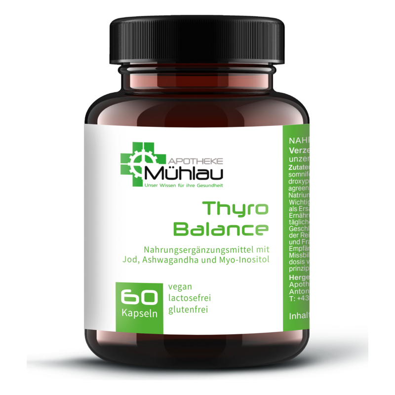 Thyro Balance Mock up.png Nahrungsergänzungsmittel in brauner Glasflasche mit grünem Etikett, enthält Jod, Ashwagandha und Myo-Inositol.
