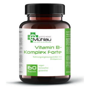 Dunkelbraunes Glasgefäß mit schwarzem Deckel, enthält 60 Kapseln Vitamin B-Komplex Forte, vegan, laktose- und glutenfrei.