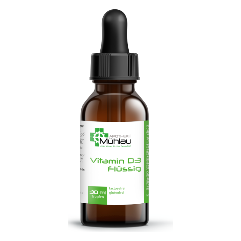 Braune Glasflasche mit Pipette, die flüssiges Vitamin D3 enthält, etikettiert mit Inhaltsstoffen und Vermerken.