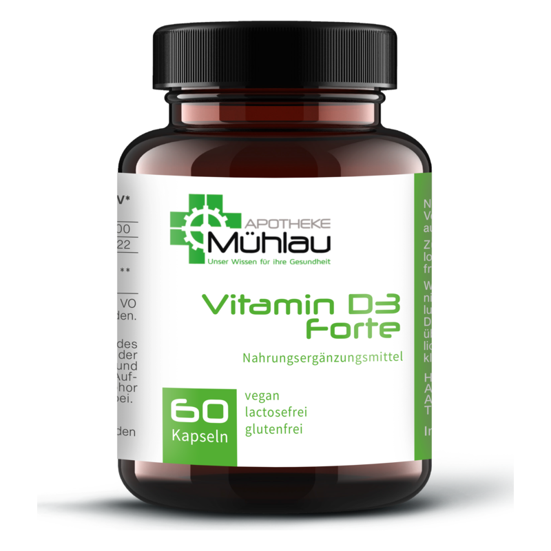Braunes Glasfläschchen mit schwarzem Deckel, beschriftet mit "Vitamin D3 Forte", 60 Kapseln, vegan, laktosefrei, glutenfrei.