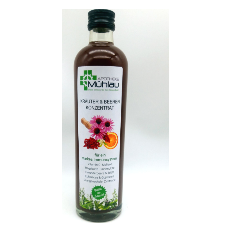 Flasche mit Kräuter- und Beerenkonzentrat für ein starkes Immunsystem, enthält verschiedene Ingredienzien und Markenlogo.