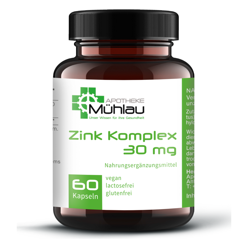 Braune Glasflasche mit schwarzem Deckel, enthält 60 Kapseln mit Zink Komplex, 30 mg, vegan und glutenfrei.