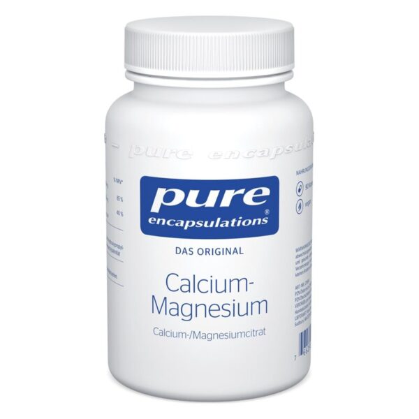 Weißer Kunststoffbehälter mit blauer Aufschrift, der Calcium-Magnesium-Präparate enthält.