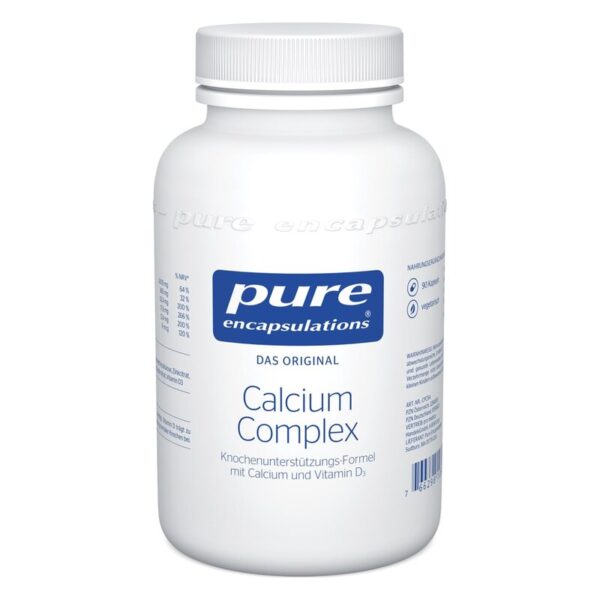 Weißes Kunststoffglas mit blauem Etikett und Schraubdeckel, enthält Calcium und Vitamin D3 für die Knochenunterstützung.