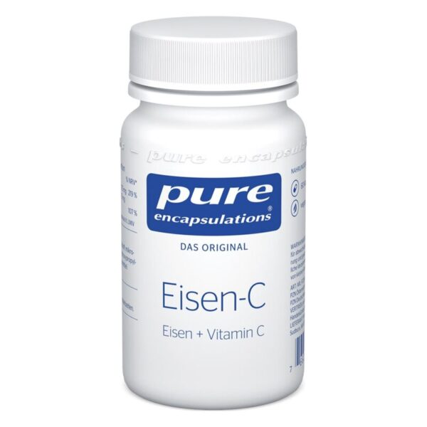 Weißer Pillenbehälter mit blauer Aufschrift "Eisen-C" von pure encapsulations, enthält Eisen und Vitamin C.