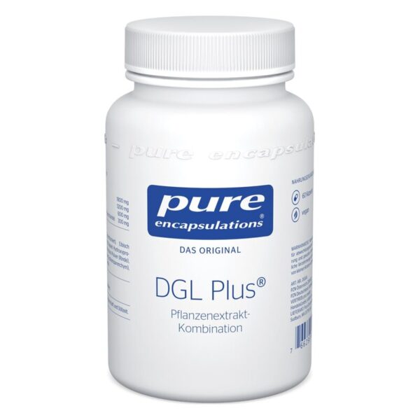 Weißer Kunststoffbehälter mit blauer Beschriftung, enthält die pflanzenbasierte Nahrungsergänzung DGL Plus.