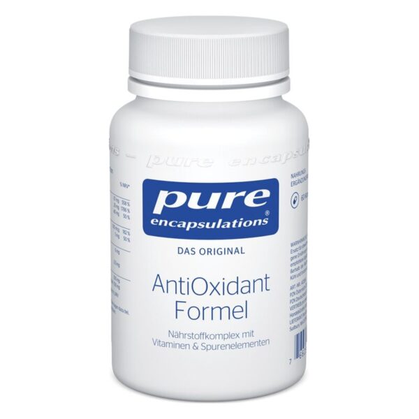 Weißes Fläschchen mit blauer Aufschrift, enthält Nahrungsergänzungsmittel zur Unterstützung antioxidativer Prozesse.