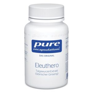 Weißer Behälter mit blauer Aufschrift für Eleuthero, Taigawurzel-Extrakt, von Pure Encapsulations.