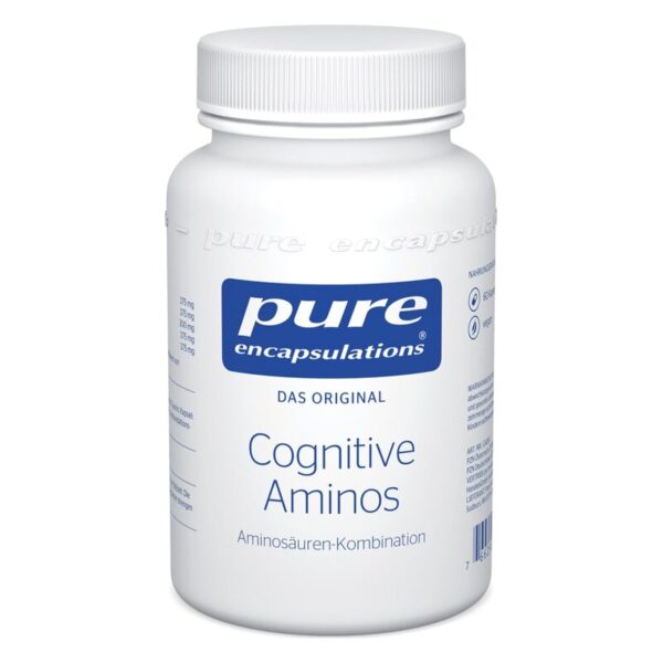 Weißer Kunststoffbehälter mit blauer Schrift, der die Bezeichnung 'Cognitive Aminos' trägt. Für eine Aminosäuren-Kombination.