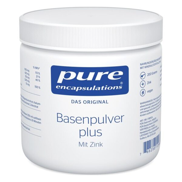 Weißer Kunststoffbehälter mit Schraubverschluss, enthält Basenpulver mit Zink, kennzeichnet vegane Inhaltsstoffe.